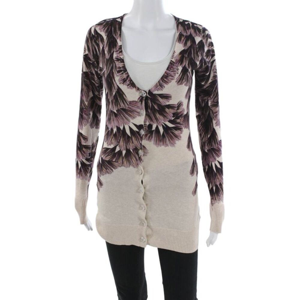 Charlotte Women Floral V-Neck Cotton Cardigan Long Sleeve Beige Size S